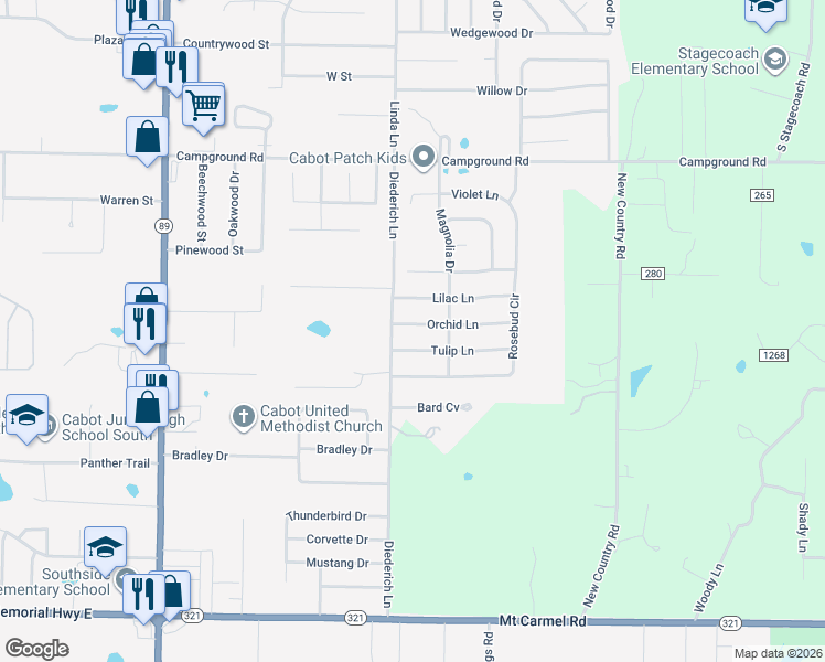 map of restaurants, bars, coffee shops, grocery stores, and more near 10 Tulip Lane in Cabot