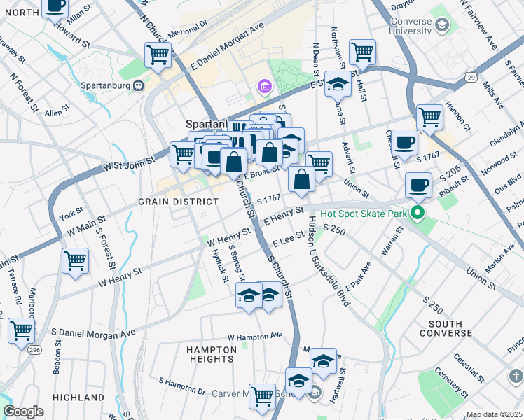 map of restaurants, bars, coffee shops, grocery stores, and more near 120 E Henry St in Spartanburg