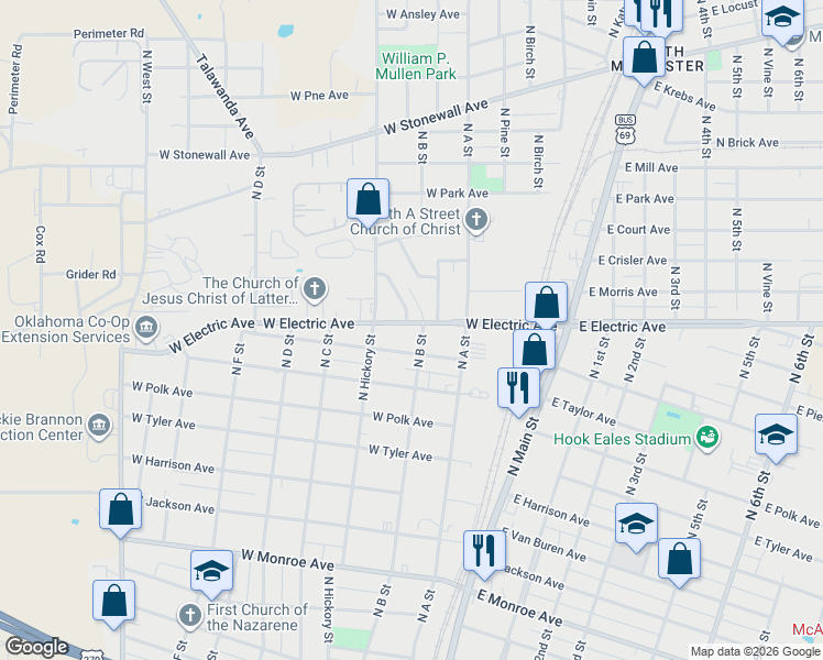 map of restaurants, bars, coffee shops, grocery stores, and more near 304 West Electric Avenue in McAlester