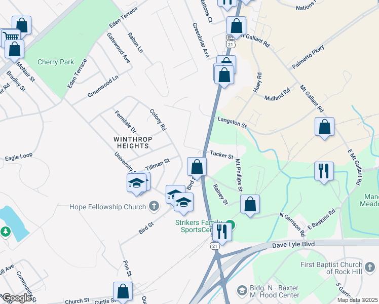 map of restaurants, bars, coffee shops, grocery stores, and more near 1716 Tucker Street in Rock Hill