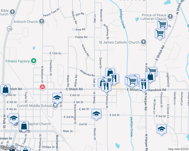 map of restaurants, bars, coffee shops, grocery stores, and more near 1598 Magnolia Rd in Corinth
