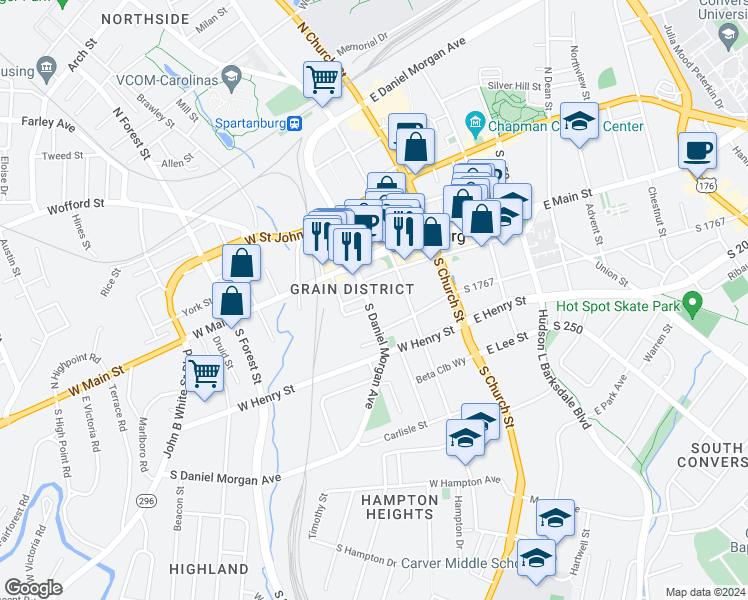 map of restaurants, bars, coffee shops, grocery stores, and more near 144 South Daniel Morgan Avenue in Spartanburg