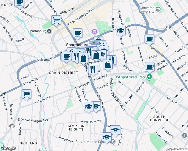 map of restaurants, bars, coffee shops, grocery stores, and more near 120 E Henry St in Spartanburg