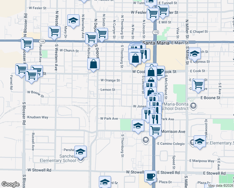 map of restaurants, bars, coffee shops, grocery stores, and more near 412 Lemon Street in Santa Maria