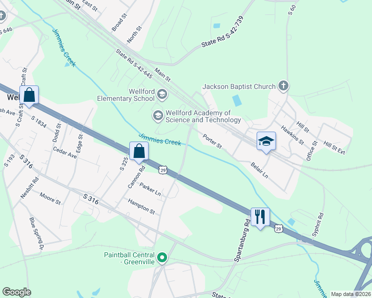 map of restaurants, bars, coffee shops, grocery stores, and more near 154 Wellford Tucapau Rd in Wellford