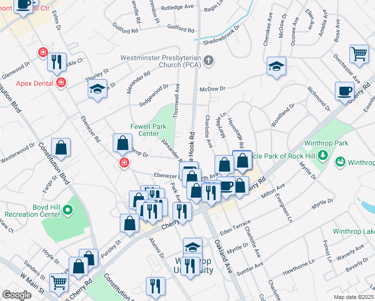 map of restaurants, bars, coffee shops, grocery stores, and more near 1149 India Hook Road in Rock Hill