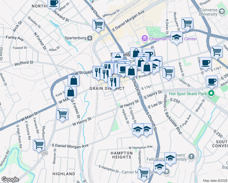 map of restaurants, bars, coffee shops, grocery stores, and more near 144 South Daniel Morgan Avenue in Spartanburg