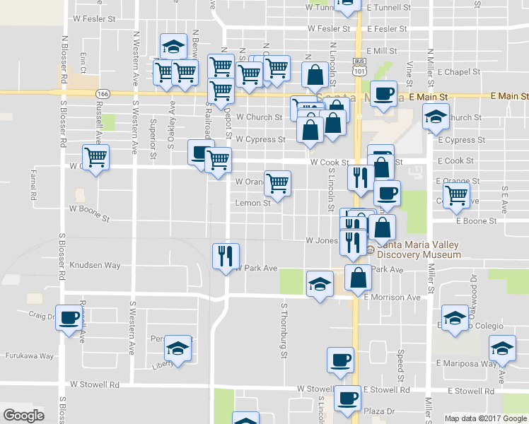 map of restaurants, bars, coffee shops, grocery stores, and more near 608 South Curryer Street in Santa Maria