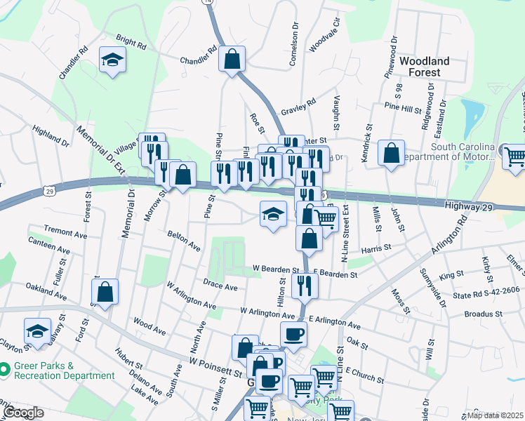 map of restaurants, bars, coffee shops, grocery stores, and more near 116 Vandiventer Drive in Greer