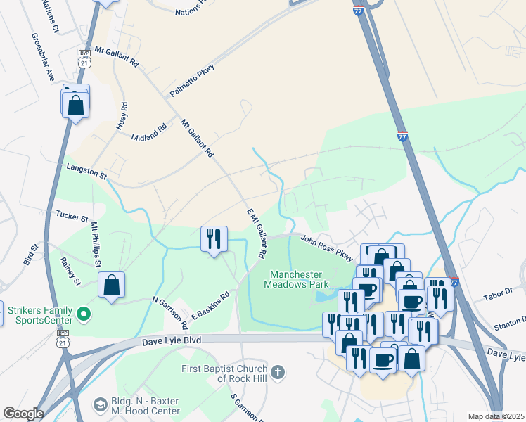 map of restaurants, bars, coffee shops, grocery stores, and more near 164 East Mount Gallant Road in Rock Hill