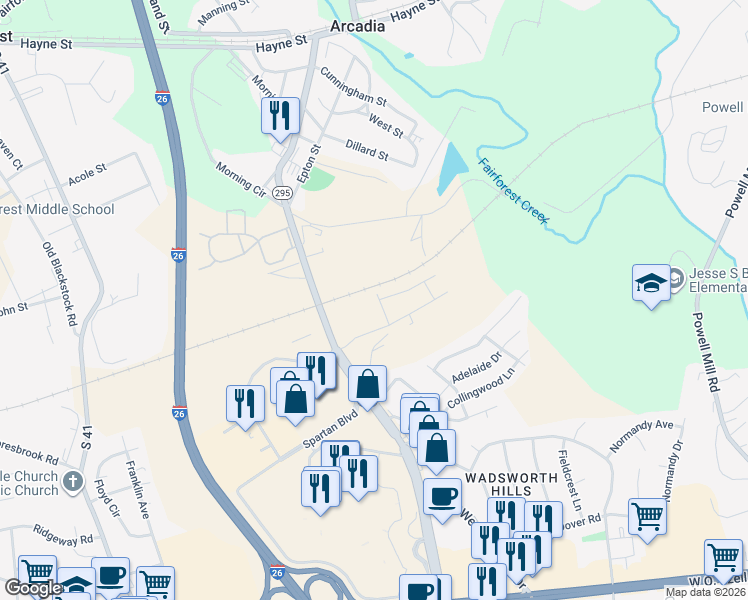 map of restaurants, bars, coffee shops, grocery stores, and more near Ivey Drive in Spartanburg