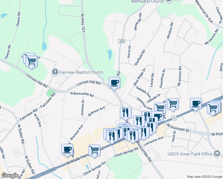 map of restaurants, bars, coffee shops, grocery stores, and more near 1001 Locust Hill Road in Greer