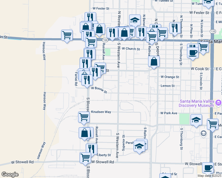 map of restaurants, bars, coffee shops, grocery stores, and more near 1025 West Boone Street in Santa Maria
