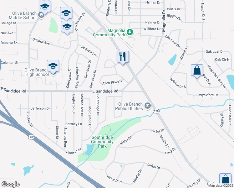 map of restaurants, bars, coffee shops, grocery stores, and more near 9955 Southbend Lane in Olive Branch