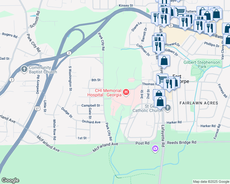 map of restaurants, bars, coffee shops, grocery stores, and more near 500 North Thomas Road in Rossville