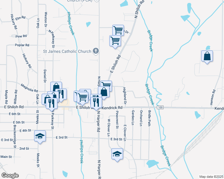 map of restaurants, bars, coffee shops, grocery stores, and more near 3118-3130 North Shiloh Road in Corinth