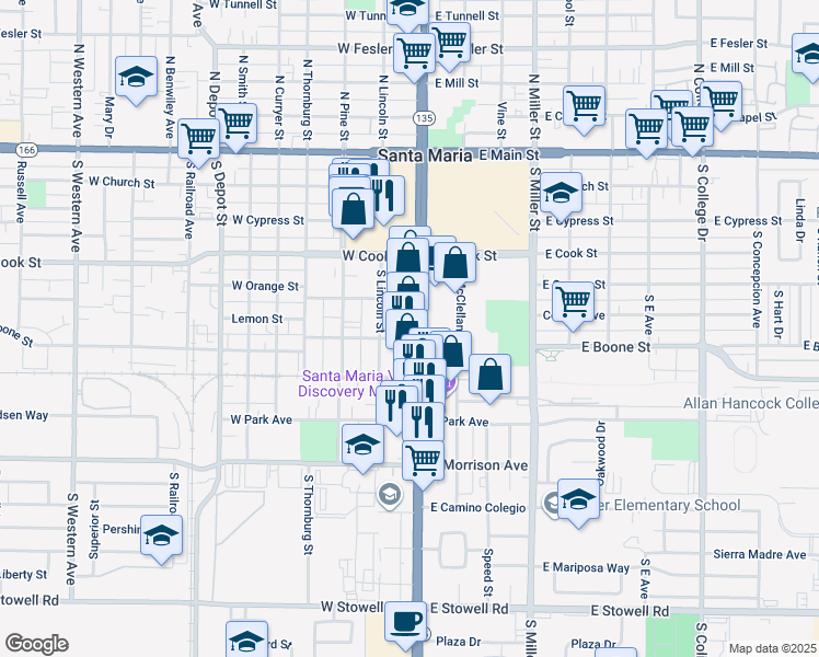 map of restaurants, bars, coffee shops, grocery stores, and more near 605 South Broadway in Santa Maria