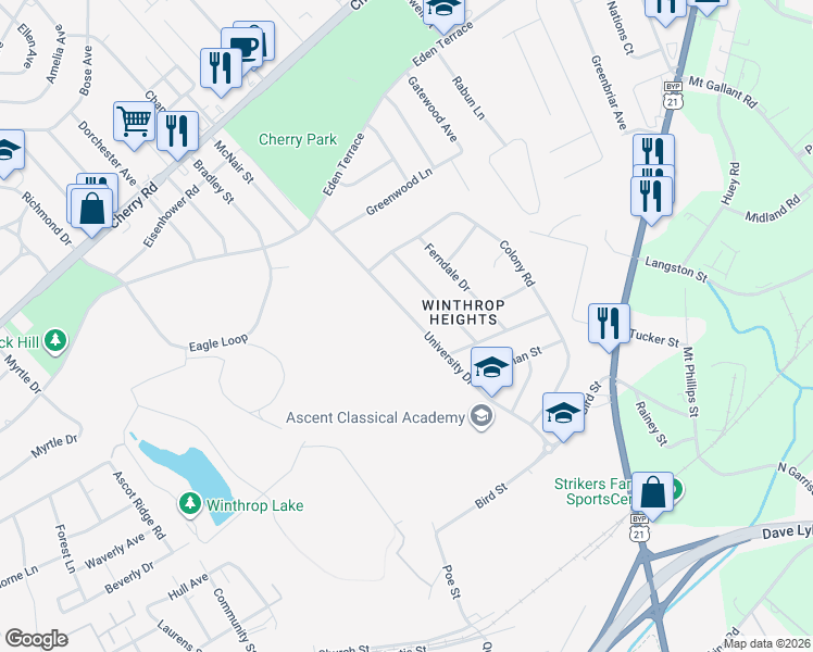 map of restaurants, bars, coffee shops, grocery stores, and more near 645 University Drive in Rock Hill
