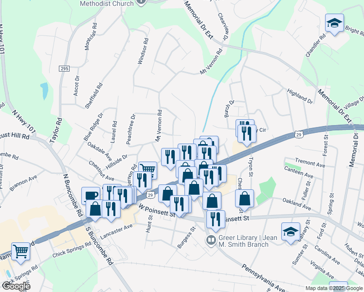 map of restaurants, bars, coffee shops, grocery stores, and more near 132 Burlwood Drive in Greer