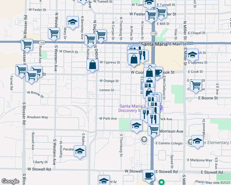 map of restaurants, bars, coffee shops, grocery stores, and more near 409 West Boone Street in Santa Maria