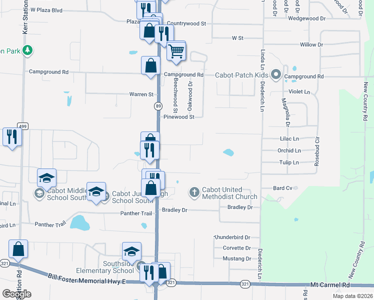 map of restaurants, bars, coffee shops, grocery stores, and more near 17 Knollwood Drive in Cabot