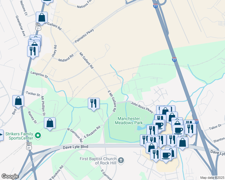 map of restaurants, bars, coffee shops, grocery stores, and more near 164 East Mount Gallant Road in Rock Hill