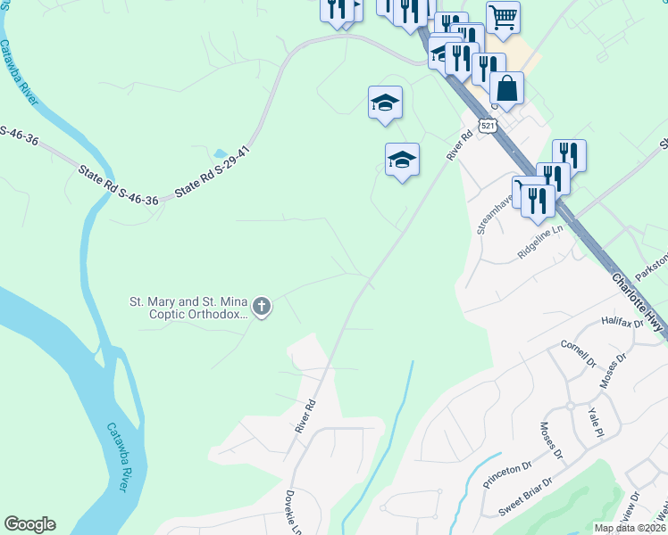 map of restaurants, bars, coffee shops, grocery stores, and more near 232 Little River Road in Indian Land