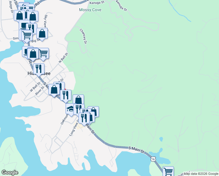 map of restaurants, bars, coffee shops, grocery stores, and more near 382 Bel Aire Drive in Hiawassee