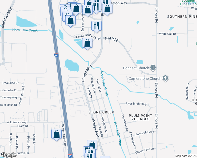map of restaurants, bars, coffee shops, grocery stores, and more near 5950 Steffani Drive in Southaven