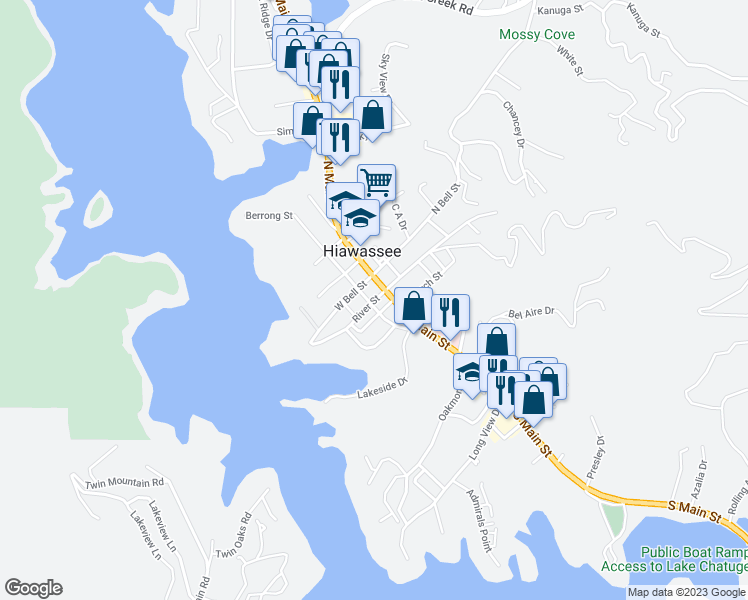 map of restaurants, bars, coffee shops, grocery stores, and more near 77 River Street in Hiawassee