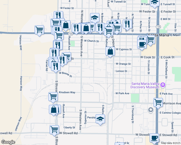 map of restaurants, bars, coffee shops, grocery stores, and more near 619 South Oakley Avenue in Santa Maria