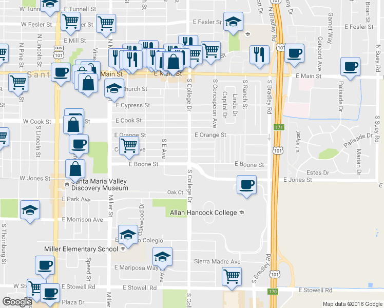map of restaurants, bars, coffee shops, grocery stores, and more near 805 East Boone Street in Santa Maria