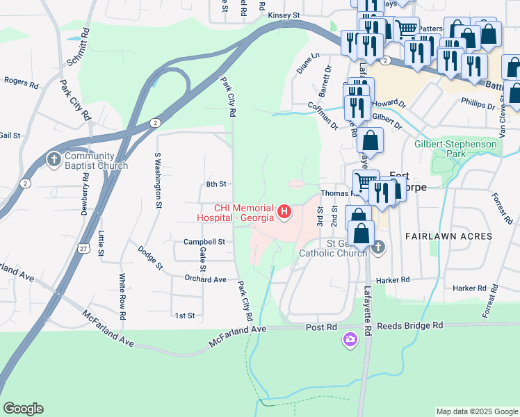 map of restaurants, bars, coffee shops, grocery stores, and more near 401 Park City Road in Rossville