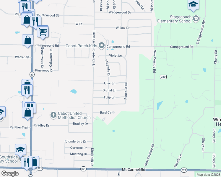 map of restaurants, bars, coffee shops, grocery stores, and more near 26 Tulip Lane in Cabot
