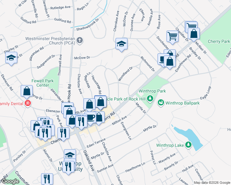 map of restaurants, bars, coffee shops, grocery stores, and more near 1043 Woodland Drive in Rock Hill