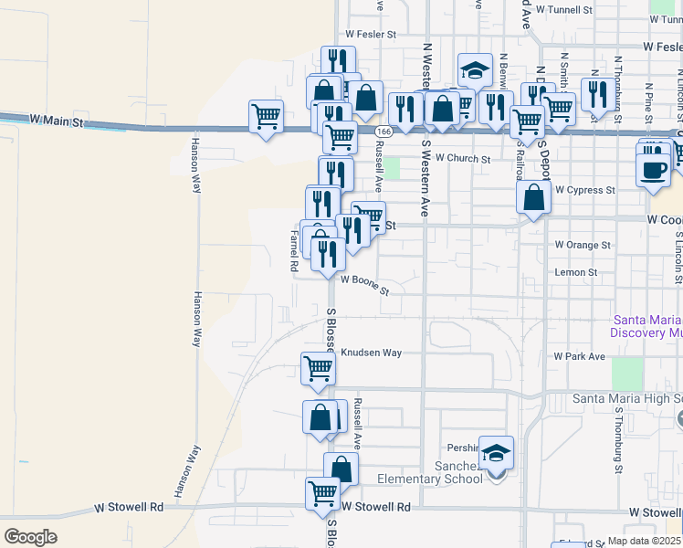 map of restaurants, bars, coffee shops, grocery stores, and more near 1148 West Boone Street in Santa Maria