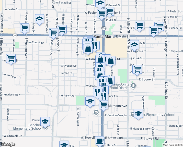 map of restaurants, bars, coffee shops, grocery stores, and more near 601 South Lincoln Street in Santa Maria