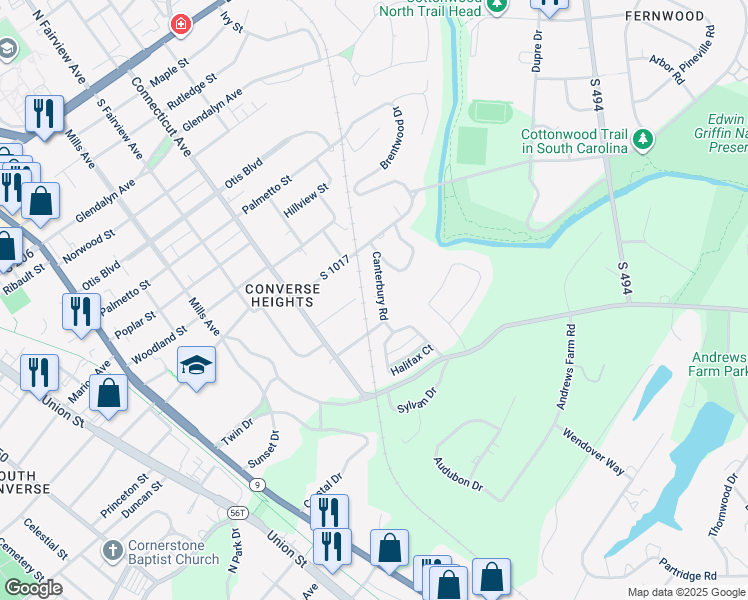 map of restaurants, bars, coffee shops, grocery stores, and more near 126 Canterbury Road in Spartanburg