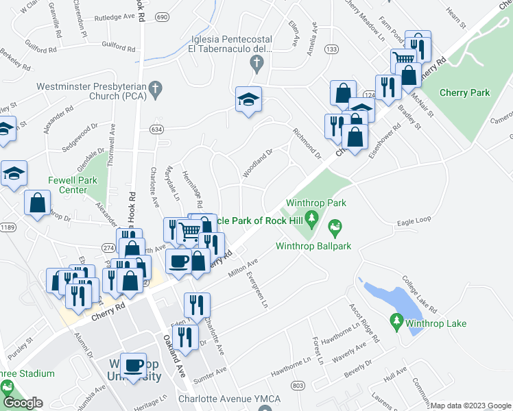 map of restaurants, bars, coffee shops, grocery stores, and more near 1019 Myrtle Drive in Rock Hill
