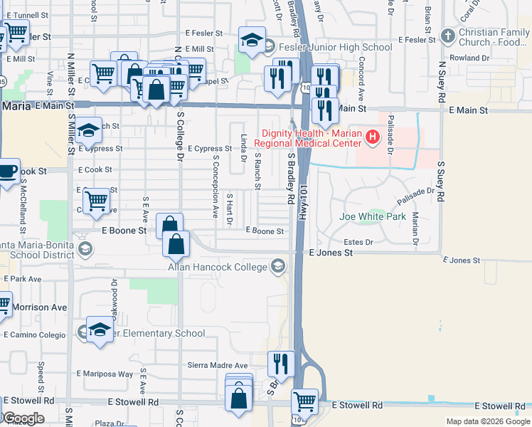 map of restaurants, bars, coffee shops, grocery stores, and more near 1009 McNeil Avenue in Santa Maria