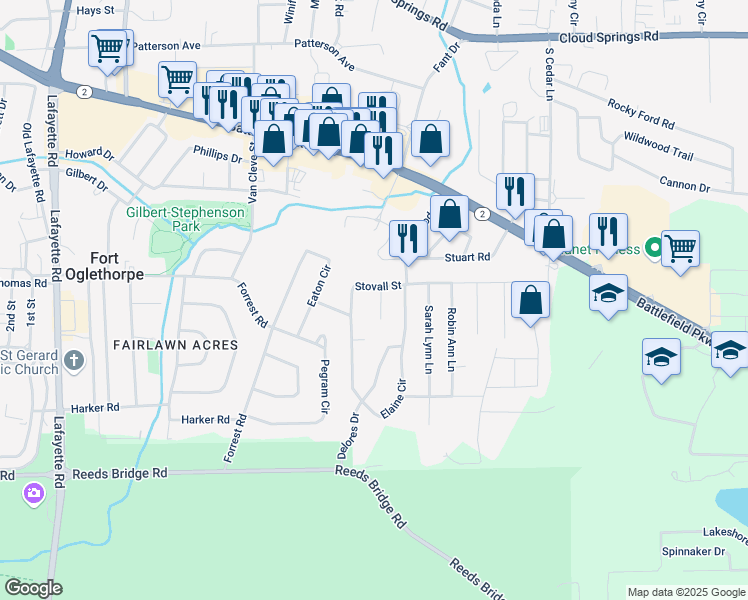 map of restaurants, bars, coffee shops, grocery stores, and more near 24 Stovall Street in Fort Oglethorpe