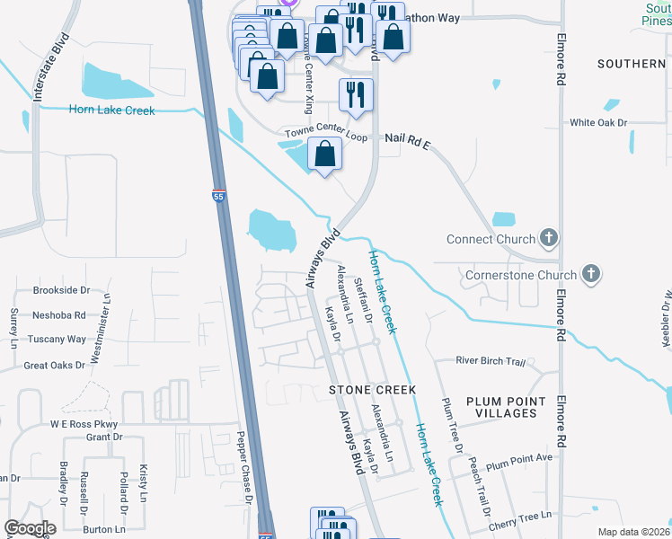 map of restaurants, bars, coffee shops, grocery stores, and more near 5975 Alexandria Lane in Southaven
