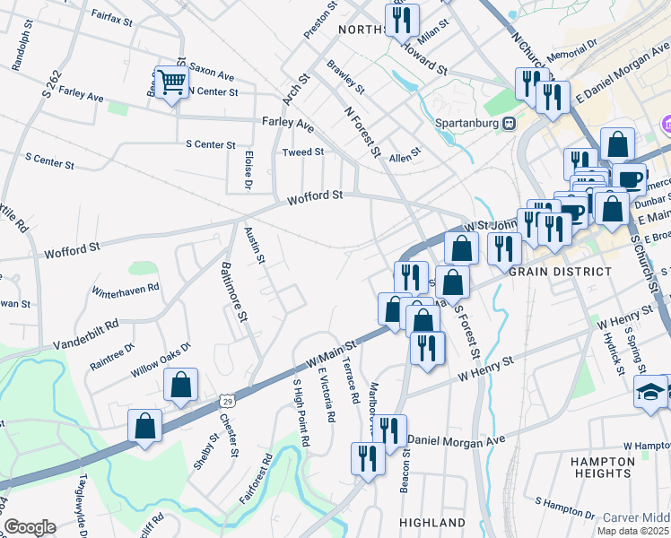 map of restaurants, bars, coffee shops, grocery stores, and more near 531 Hunt Street in Spartanburg