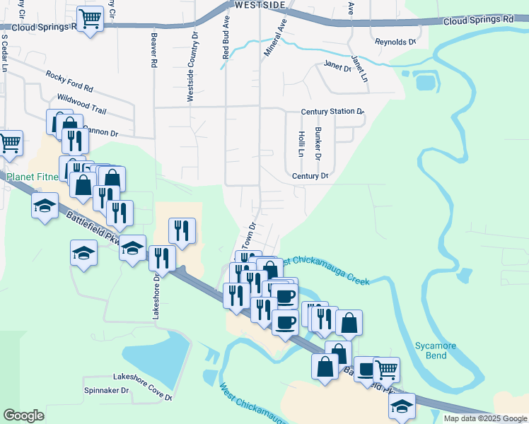 map of restaurants, bars, coffee shops, grocery stores, and more near 100 Parkwood Drive in Rossville