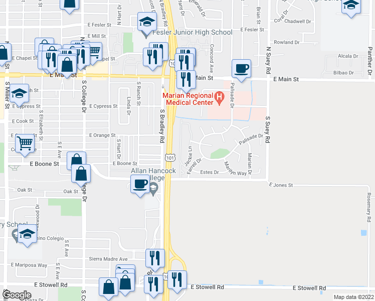 map of restaurants, bars, coffee shops, grocery stores, and more near 1251 Jackie Lane in Santa Maria