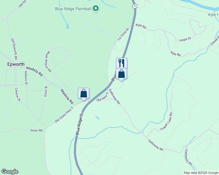 map of restaurants, bars, coffee shops, grocery stores, and more near 541 La Vista Drive in Blue Ridge