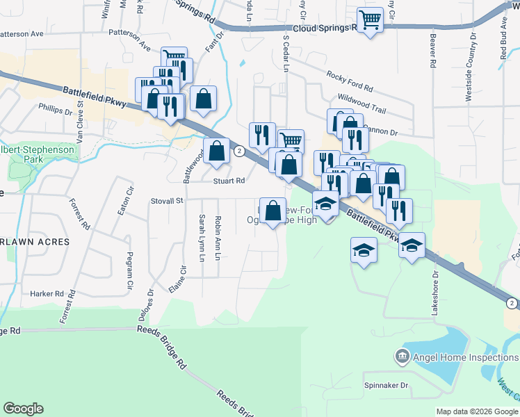 map of restaurants, bars, coffee shops, grocery stores, and more near 70 Stovall Street in Fort Oglethorpe