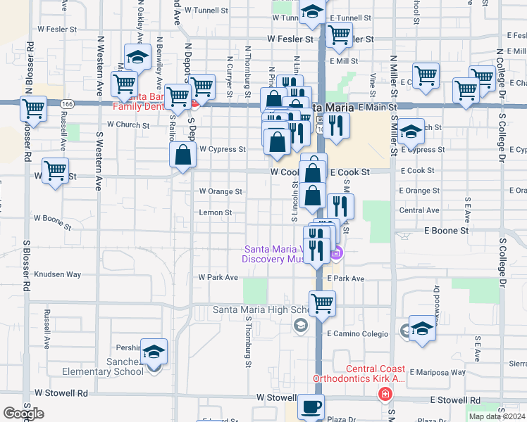 map of restaurants, bars, coffee shops, grocery stores, and more near 513 South Pine Street in Santa Maria