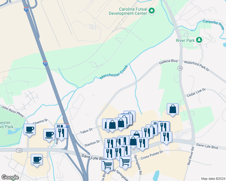 map of restaurants, bars, coffee shops, grocery stores, and more near 819 Sebring Drive in Rock Hill