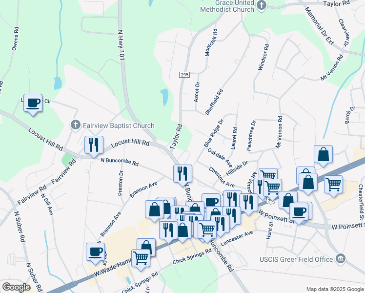 map of restaurants, bars, coffee shops, grocery stores, and more near 5928 Taylor Road in Greer